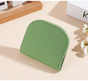 Green genuine leather mini wallet for women, compact bifold short card holder purse stylish.