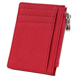 Rotes Leder-Kartenetui mit mehreren Fächern und Reißverschluss-Münzfach, echtes Rindsleder slim