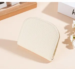 Genuine leather mini wallet short card holder compact coin purse for women white chic