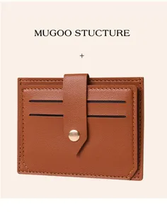 Detailed view of brown leather card holder with snap strap and multi-card slots.