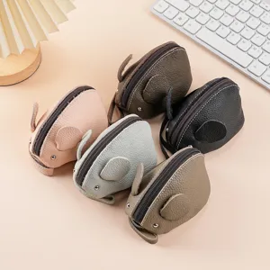 Cute mouse shape genuine leather coin purse mini key pouch zipper wallet for women daily use.