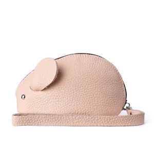 Cute pink leather mouse coin purse for women, mini zipper clutch bag with wrist strap for keys.
