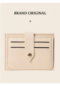 Minimalist beige PU leather card holder with snap closure and multiple card slots for women.