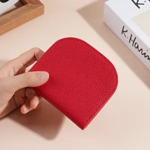 Red genuine leather mini wallet for women, compact short card holder purse and coin bag.
