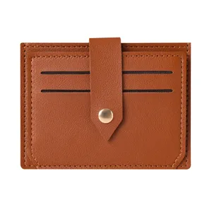 Minimalist brown PU leather card holder with snap button, slim multi-slot wallet design.