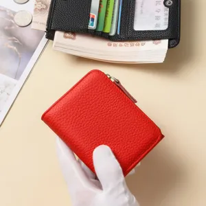 Red genuine leather zipper short wallet, pebbled texture coin purse with compact card holder.