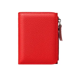 Red genuine leather short wallet for women and men, zipper coin purse card holder.