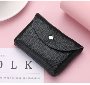 Véritable cuir mini porte-monnaie femme étui cartes souple vachette portefeuille noir bouton pression