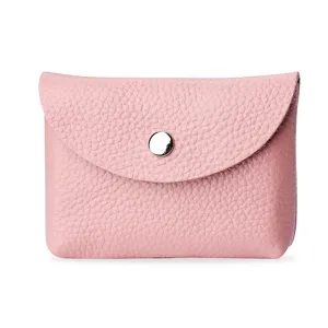 Porte-monnaie Mini en Cuir Véritable Femme Étui Souple Petit Portefeuille Rose Bouton