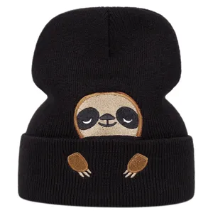 Berretto in maglia ricamato con bradipo carino per inverno, cappello caldo esterno adulti
