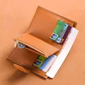Womens short trifold wallet with multi card slots, zipper coin pocket and secure snap button.