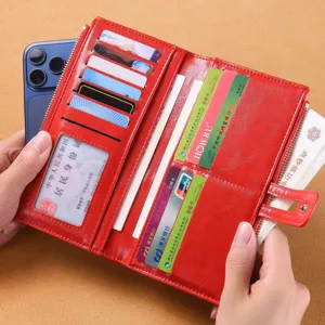 Women red long leather wallet large capacity stylish multi-card zipper clutch phone bag