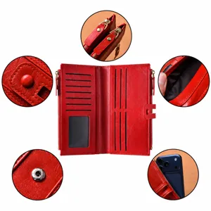 Women's long red wallet with large capacity, multiple card slots, zipper and snap button.