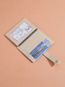 Minimalist genuine leather card holder wallet with multiple slots and ID window beige