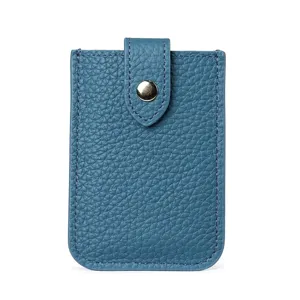 Blue leather card holder with snap button closure minimalist mini pocket wallet for cards and id