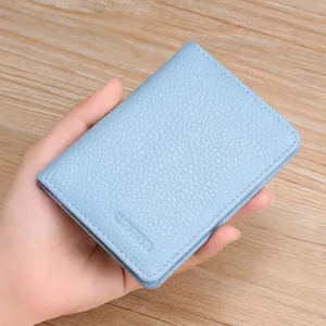 Etui a cartes en cuir veritable ultra fin avec plusieurs fentes pour cartes bleu clair