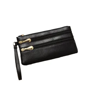 Donna lungo portafoglio pochette in pelle morbida nera multi zip borsa da polso telefono