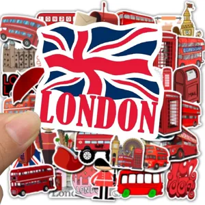 Set mit fünfzig London roten Doppeldeckerbus Graffiti Aufklebern wasserdichte Koffer.