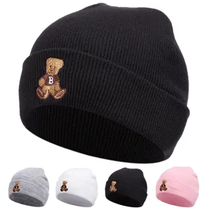 Winter Warm Knitted Beanie Hat Cute Bear Embroidery Thickened Solid Color Casual Windproof Skull Cap For Women Men