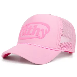 Pink mesh trucker hat with stylish front print, breathable summer snapback cap.