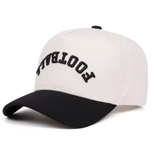 Detailed shot of the contrast color baseball cap with stylish raised football embroidery.