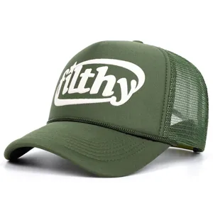 Green trucker hat with mesh back and stylish filthy front print for outdoor daily wear.