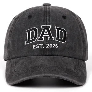 Close-up detail of the vintage washed dark gray dad baseball cap with clean embroidery text.