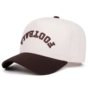 Detail shot of stylish baseball cap with football 3D embroidery, two-tone casual hat.