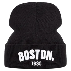 Black knit beanie hat with white Boston 1630 embroidery, cozy winter warm casual cap for outdoor.