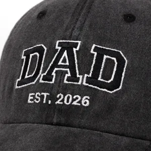 Close up of embroidered DAD letter baseball hat detail showing premium texture and fine stitches.