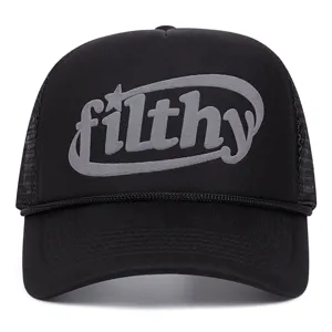 Black trucker hat with mesh back and stylish filthy text front print for outdoor streetwear.