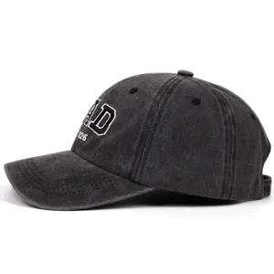 Vintage washed dad hat with embroidered text, classic curved brim casual baseball cap for outdoor.
