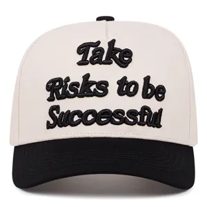 Casual baseball cap with 3D embroidered quote, off-white crown and black brim, unisex style.