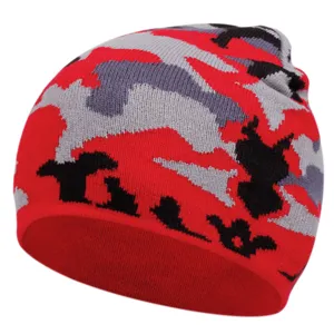 Close-up detail of the red and grey camo knit beanie showing soft textured fabric pattern.
