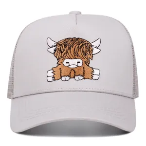 Cute highland cow embroidered grey mesh baseball cap, casual summer trucker hat for daily wear.