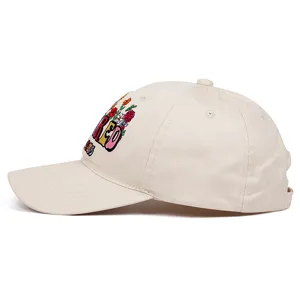 Close-up detail of beige embroidered retired baseball cap with colorful floral lettering.