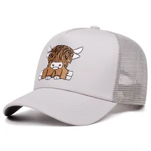 Highland cow embroidered trucker hat in light grey, casual mesh baseball cap detail.