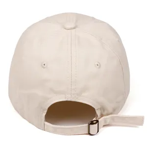 Detail view of the beige baseball cap showing the adjustable metal buckle and soft crown structure.