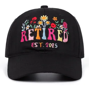 Black baseball cap featuring colorful embroidered floral and retired text design, casual outdoor hat.