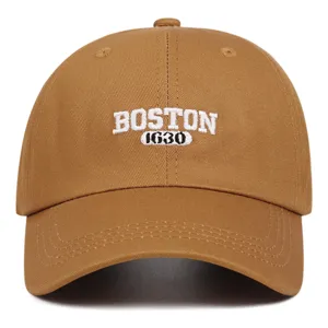 Classic brown baseball cap with Boston 1630 embroidery, soft top casual sports hat for men.