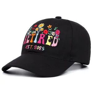 Black retired embroidered baseball cap with colorful flowers for outdoor casual wear.