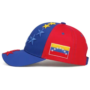 Detailed side view of high quality Venezuela flag embroidered baseball cap for outdoor use.