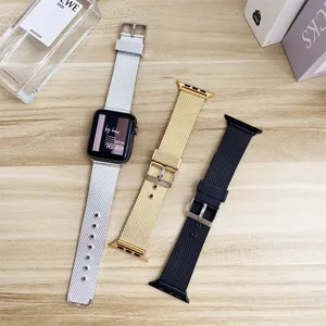Stainless steel mesh replacement strap for Apple Watch, breathable metal loop band in multiple colors.