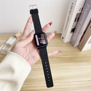 Stylish black silicone mesh watch strap for Apple Watch Series 9 8 7 6 SE, comfortable band.