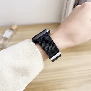 Detail view of the sleek black stainless steel mesh smartwatch replacement band for Apple Watch.