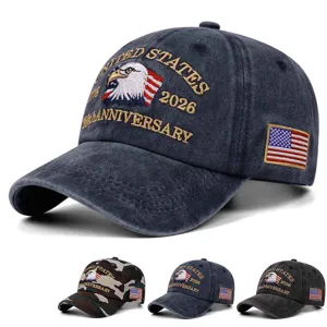 Berretto da Baseball in Denim Lavato con Ricamo Aquila Anniversario US Regolabile Sportivo