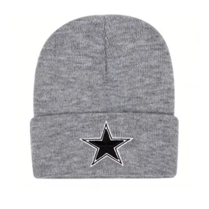 Grey knit beanie hat with embroidered star logo, winter warm skull cap for outdoor sports.