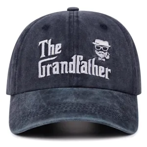 Vintage washed denim baseball cap with white embroidered novelty text and cool grandfather graphic.
