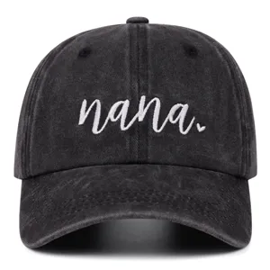 Close-up detail of the embroidered nana text and heart on the vintage washed black cap.
