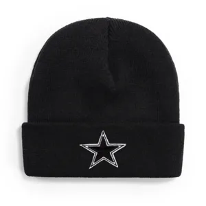 Black knit beanie winter warm skull cap with embroidered five pointed star logo detail.